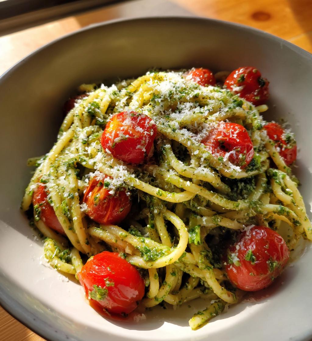 pesto pasta with cherry tomatoes