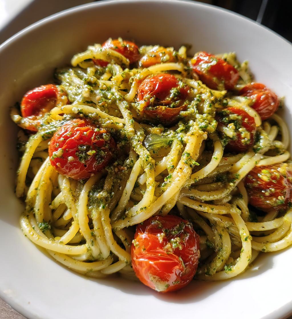 pesto pasta with roasted tomatoes - detail 1