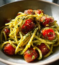 pesto pasta with roasted tomatoes