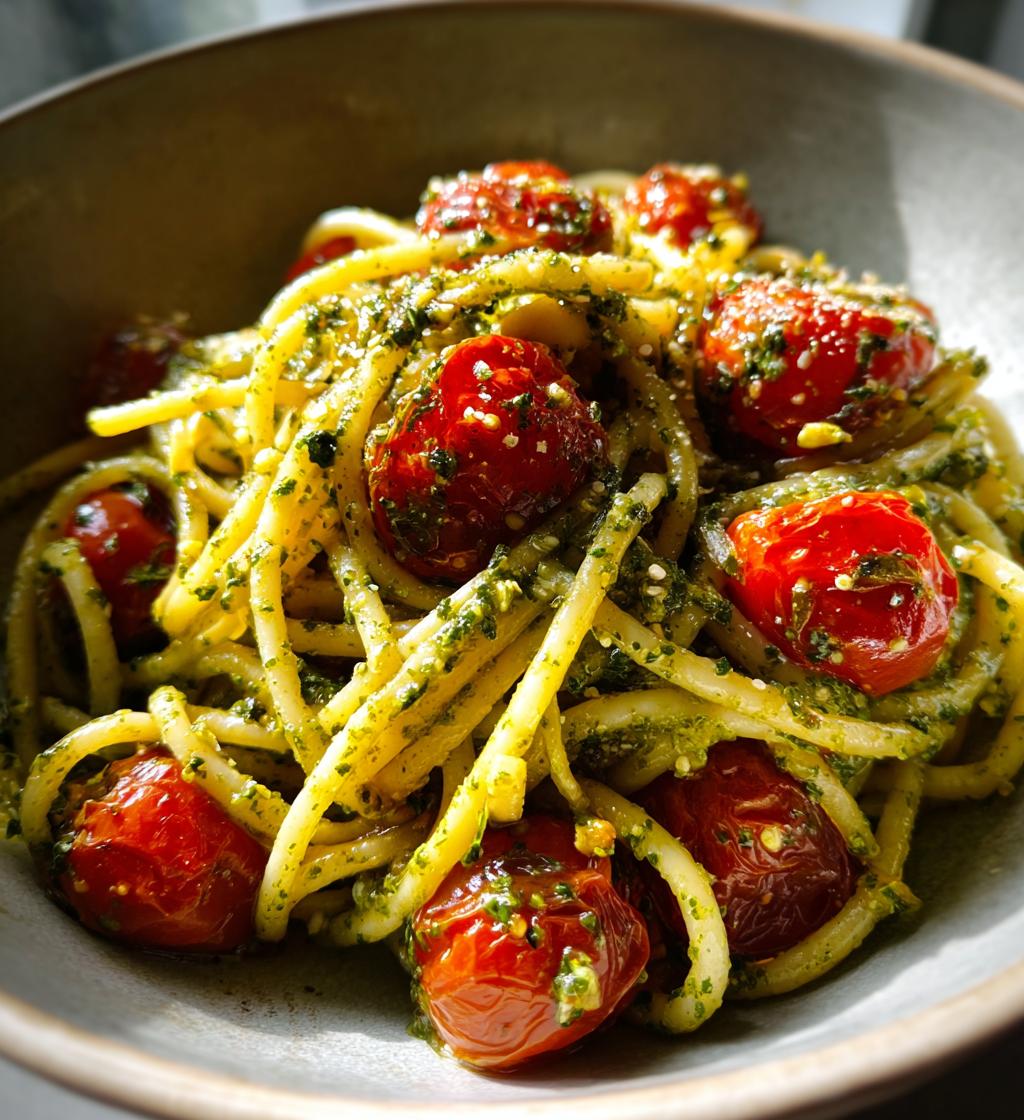 pesto pasta with roasted tomatoes