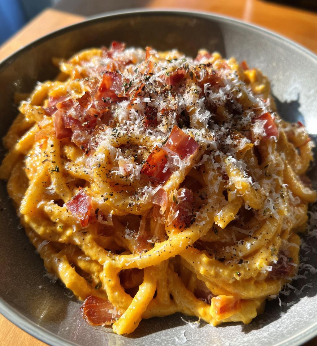 pumpkin alfredo pasta with prosciutto - detail 1