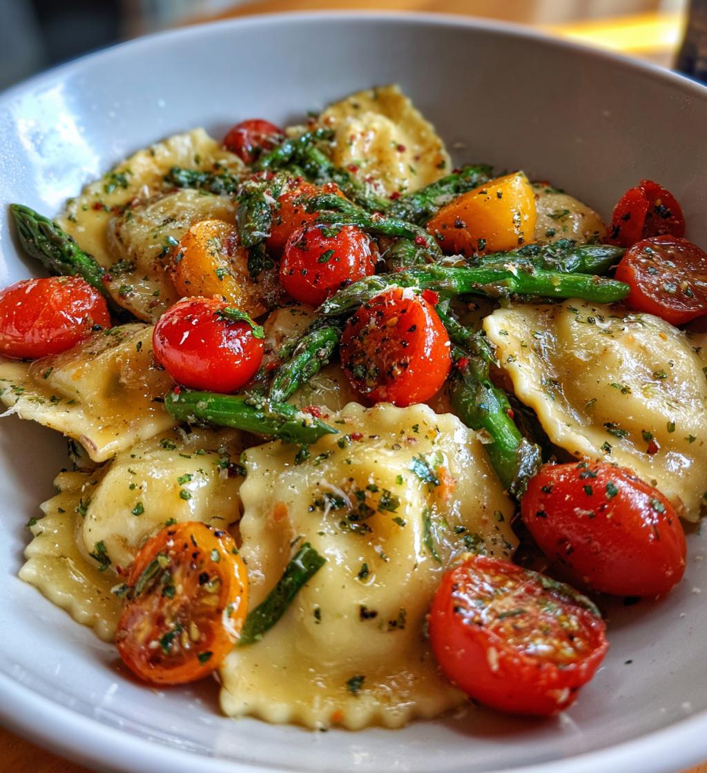 ravioli with tomatoes asparagus garlic and herbs - detail 1