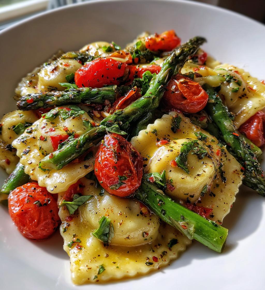ravioli with tomatoes asparagus garlic and herbs - detail 1