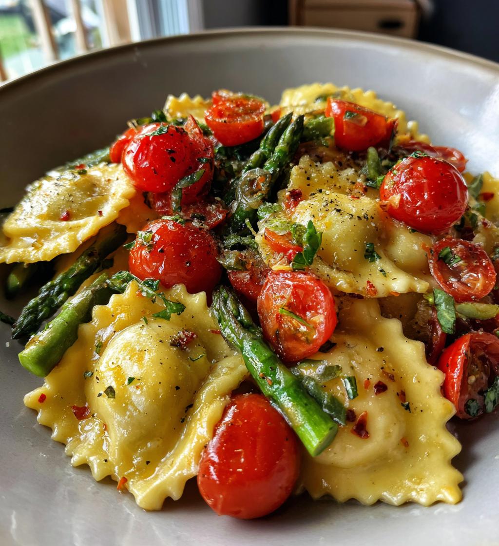 ravioli with tomatoes asparagus garlic and herbs