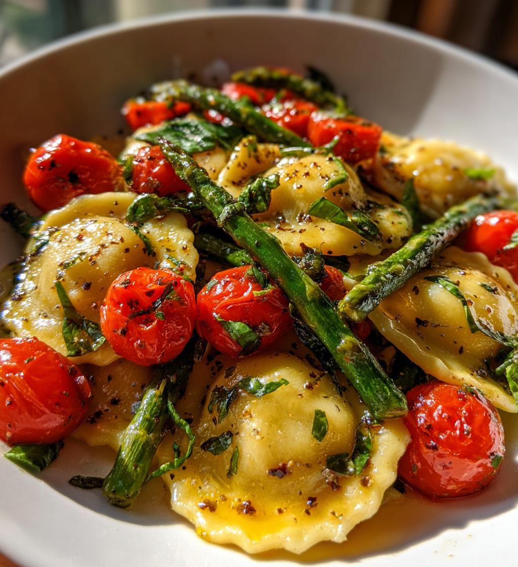 ravioli with tomatoes asparagus garlic and herbs