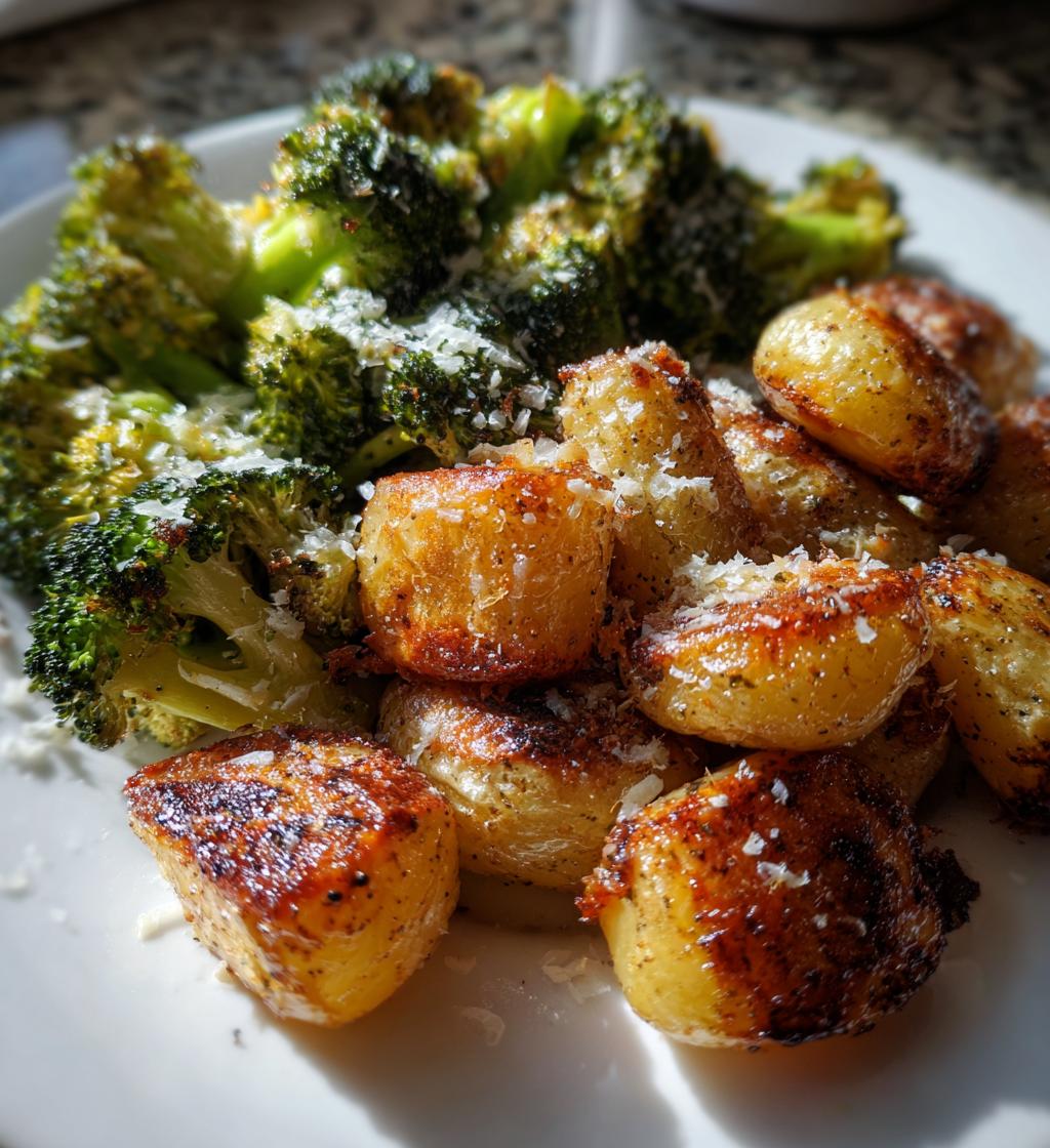 roasted parmesan potatoes and broccoli