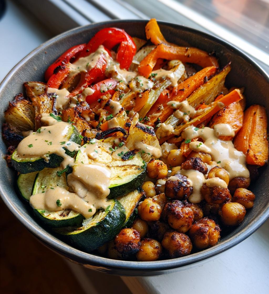 roasted veggie chickpea bowls with maple dijon tahini dressing - detail 1