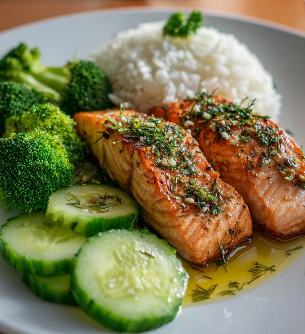 salmon broccoli rice cucumber plate - detail 1
