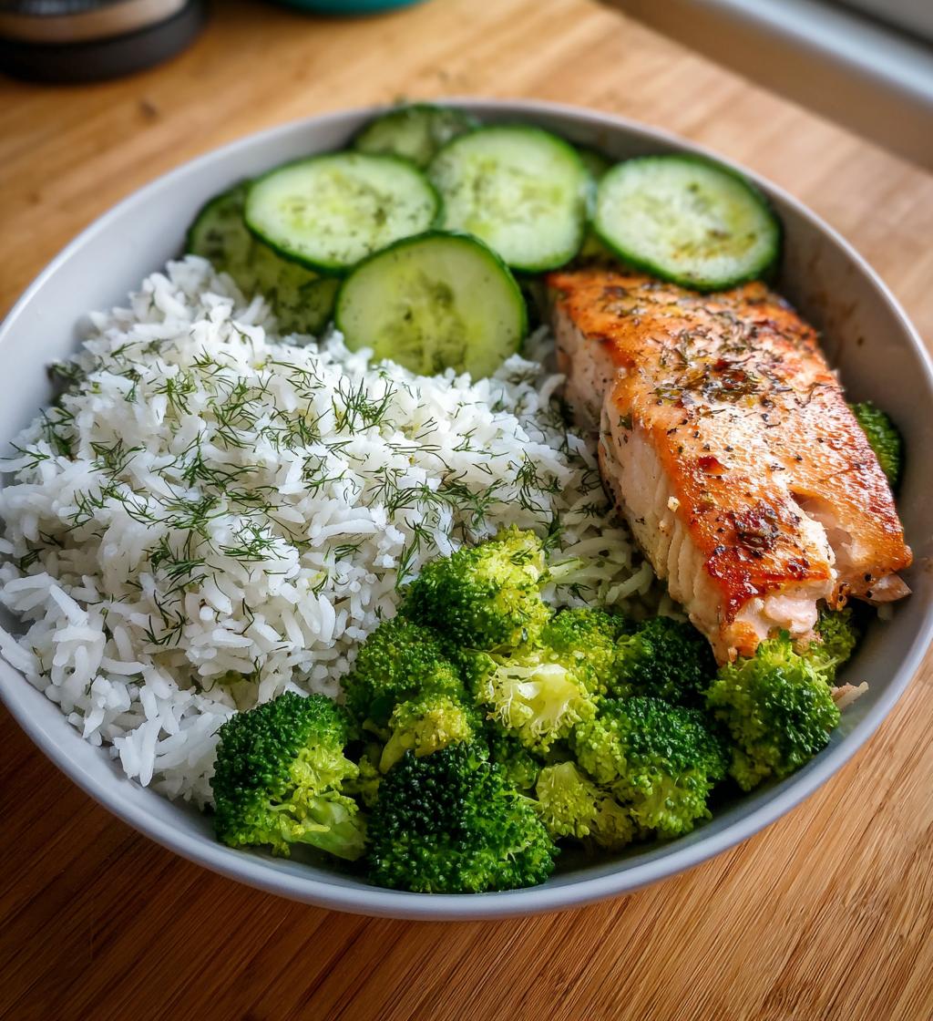 salmon broccoli rice cucumber plate - detail 1