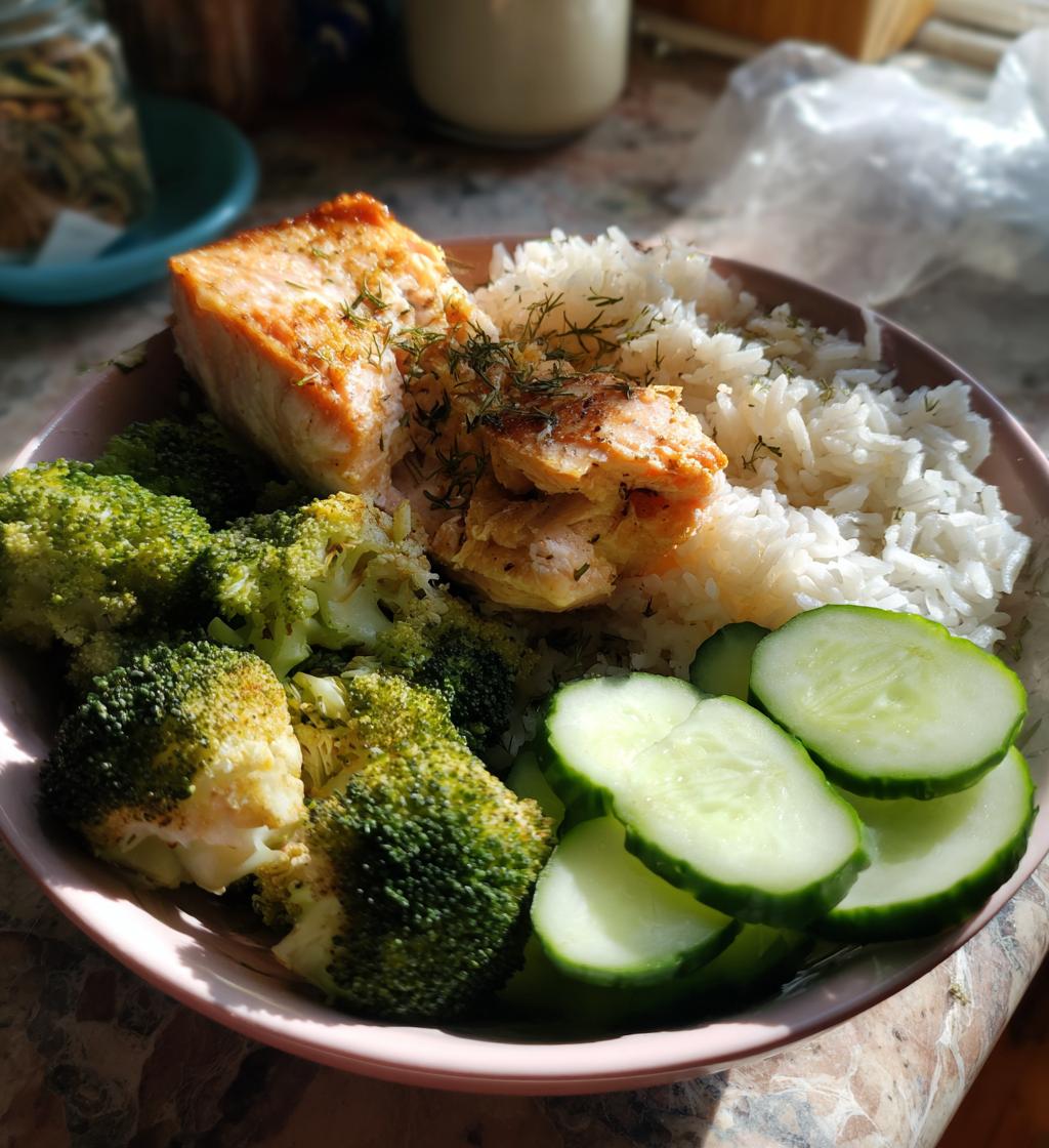 salmon broccoli rice cucumber plate