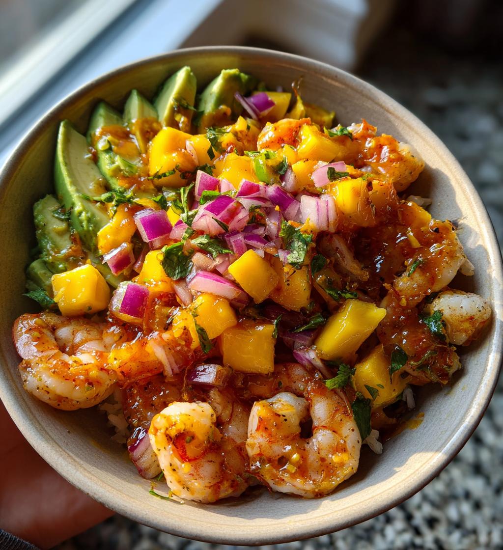 shrimp and avocado bowls with mango salsa lime chili sauce 2