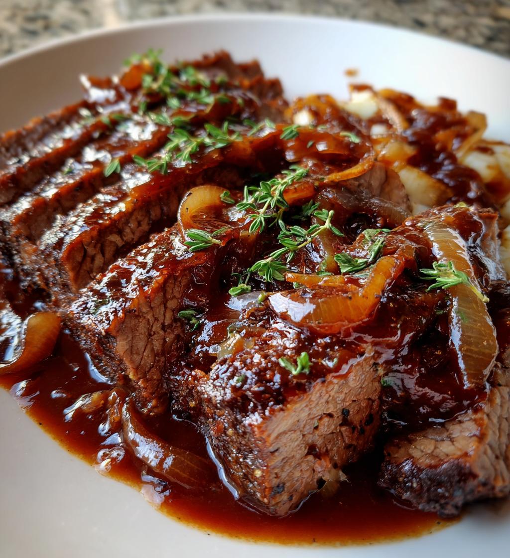 slow cooker brisket with balsamic onion gravy - detail 1