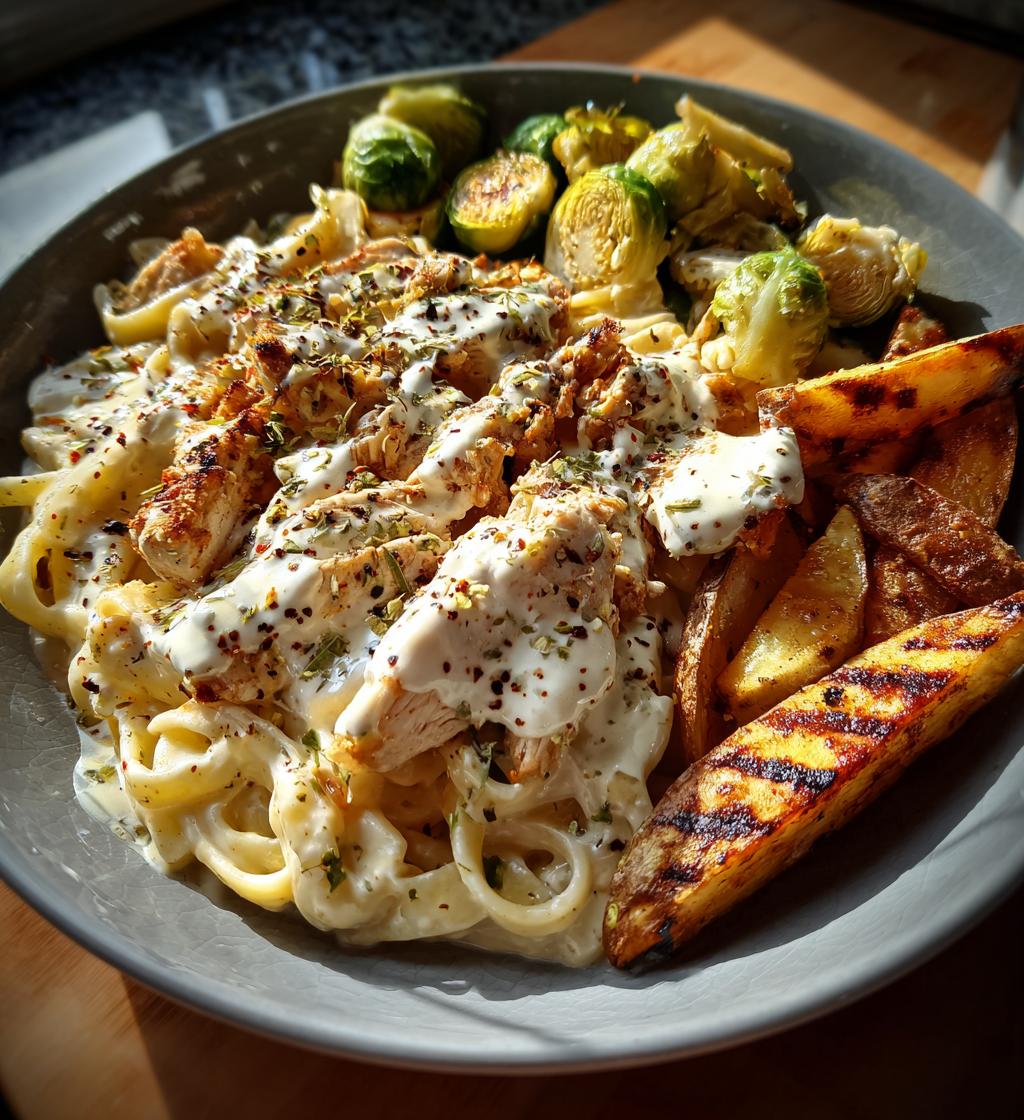 smoked paprika chicken alfredo with feta tahini cream crispy brussels potato combo wedges - detail 1