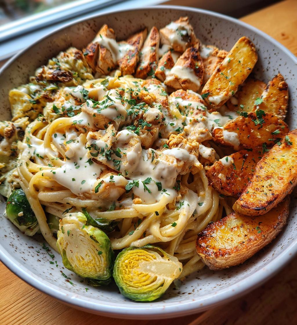 smoked paprika chicken alfredo with feta tahini cream crispy brussels potato combo wedges