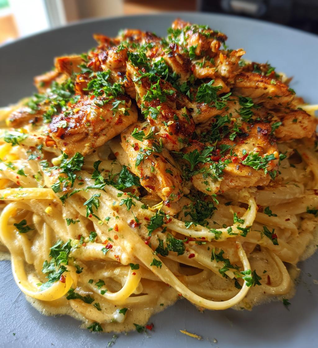 spicy cajun chicken linguine in creamy garlic parmesan sauce - detail 1