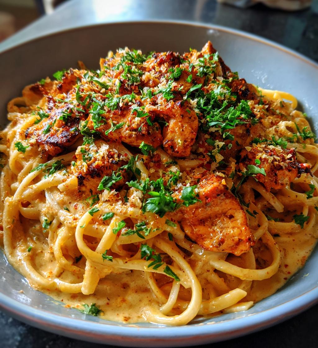 spicy cajun chicken linguine in creamy garlic parmesan sauce