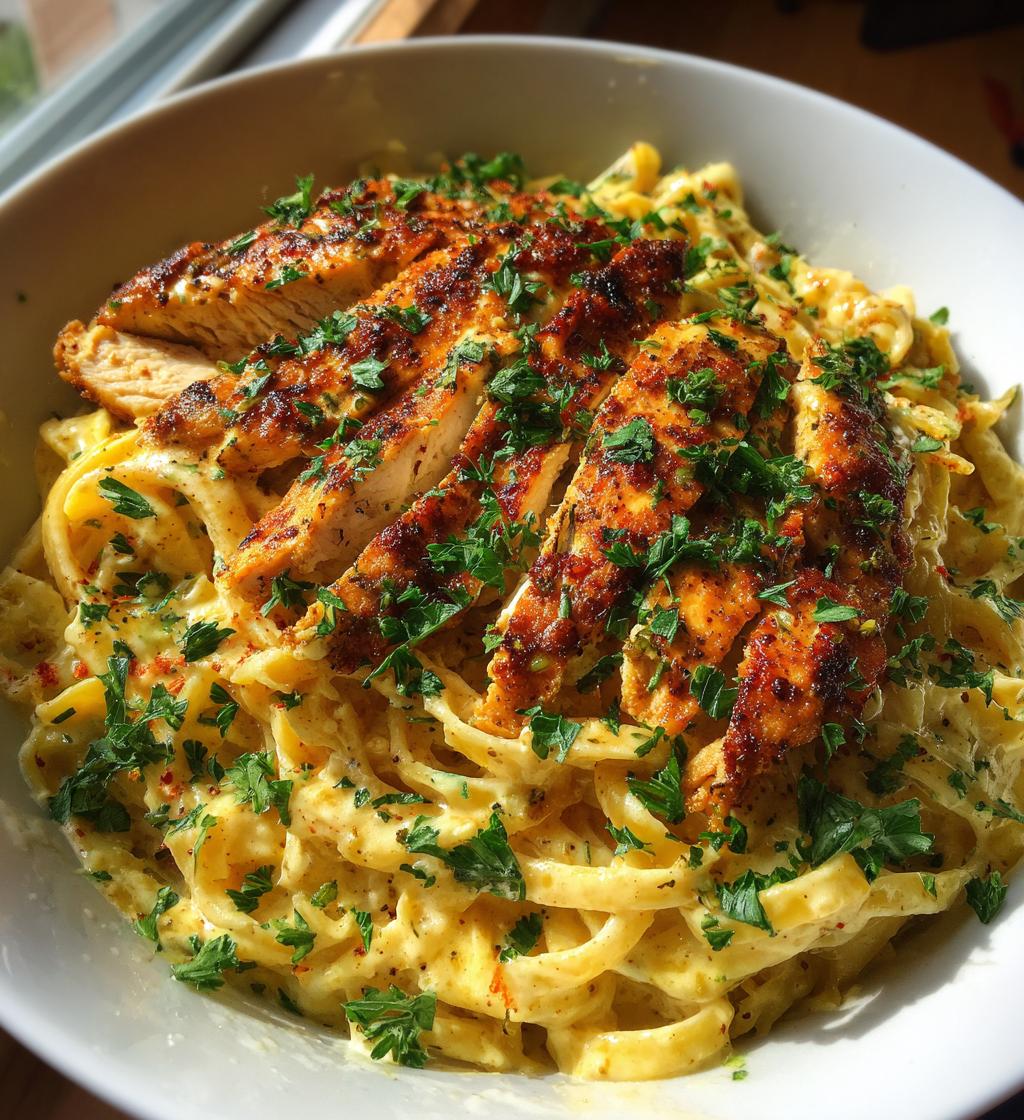 spicy cajun chicken linguine in creamy garlic parmesan sauce