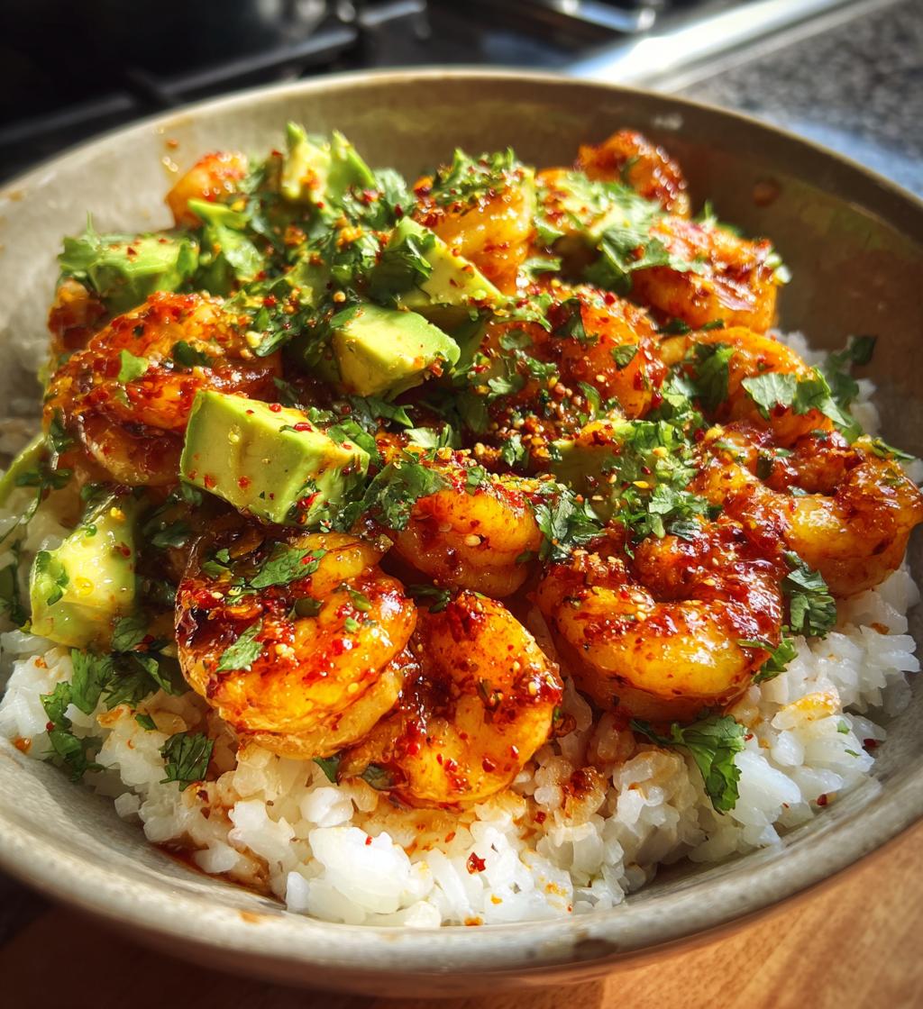 spicy shrimp avocado rice bowl