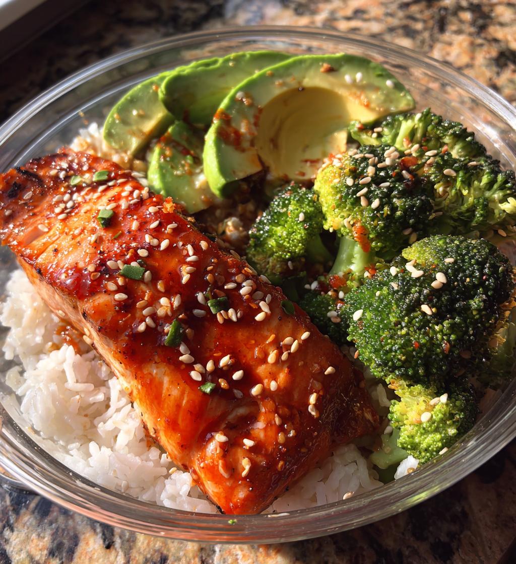 spicy sriracha honey salmon bowl recipe - detail 1
