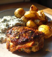 spicy yogurt marinated chicken with dill feta cream crispy baby potatoes