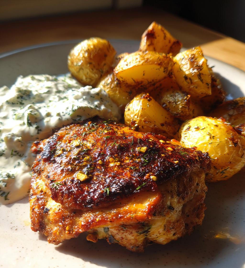 spicy yogurt marinated chicken with dill feta cream crispy baby potatoes