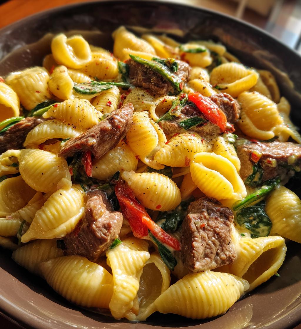 steak bites and shell pasta in garlic butter alfredo sauce - detail 1