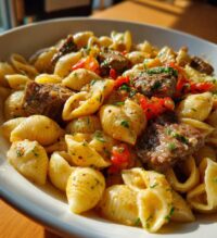 steak bites and shell pasta in garlic butter alfredo sauce