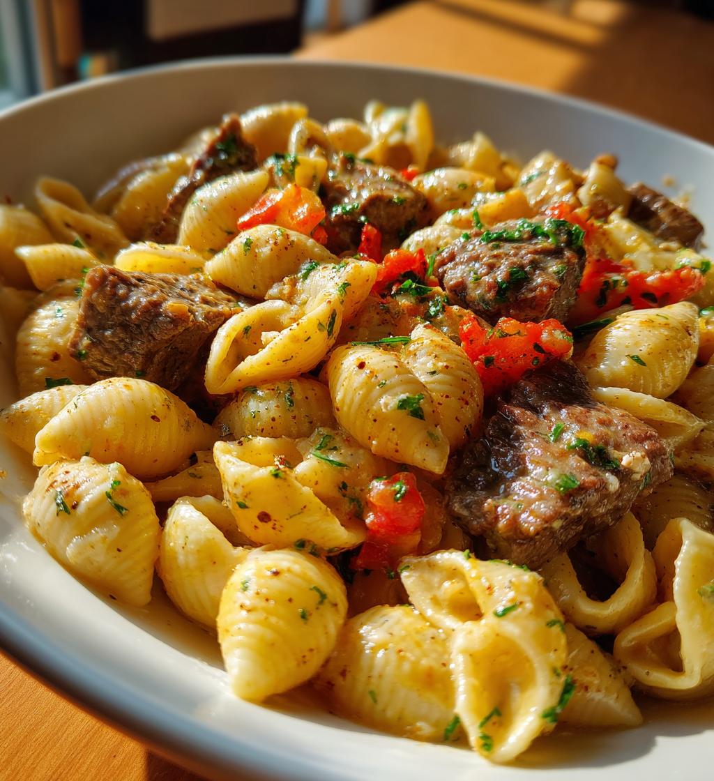 steak bites and shell pasta in garlic butter alfredo sauce