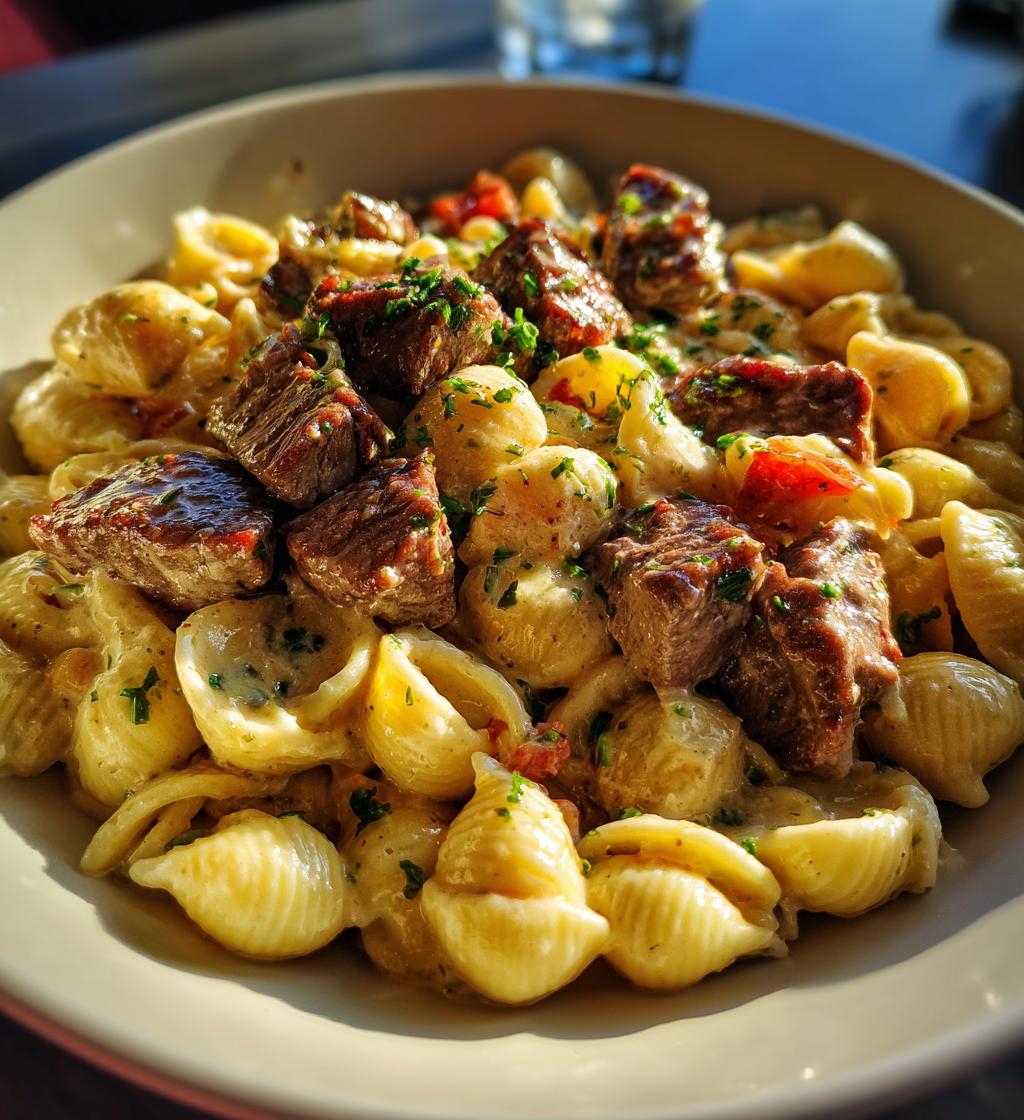 steak bites and shell pasta in garlic butter alfredo sauce