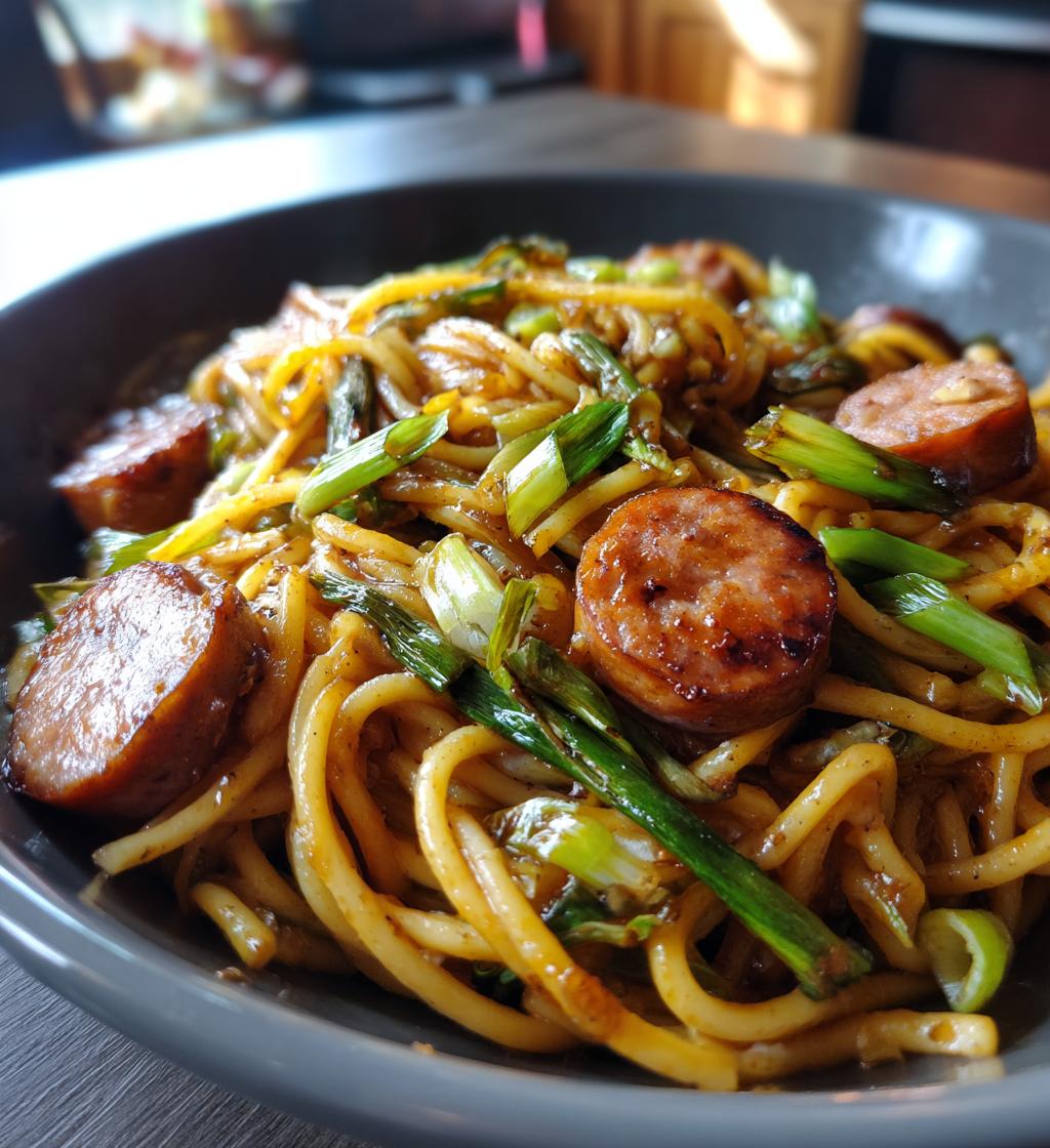 sticky honey garlic sausage pasta skillet - detail 1