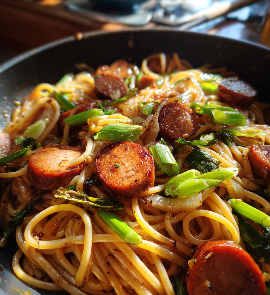 sticky honey garlic sausage pasta skillet