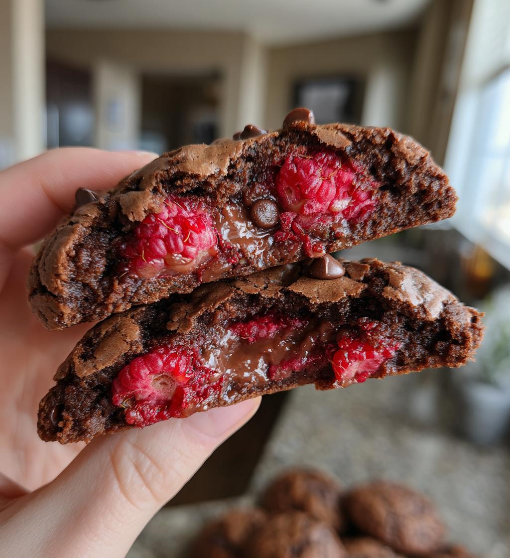 super fudgy raspberry stuffed brownie cookies