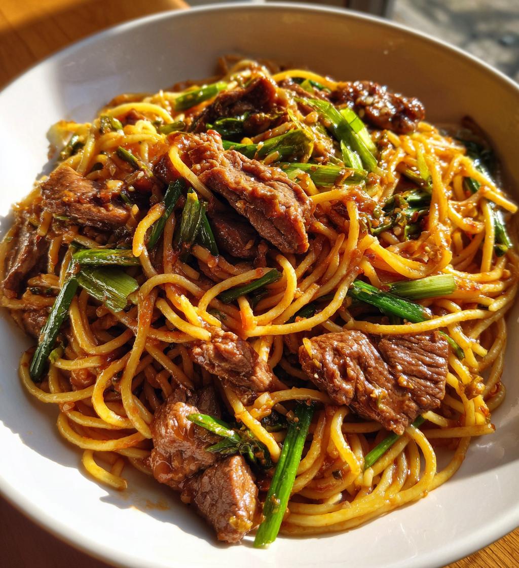 sweet spicy garlic steak pasta