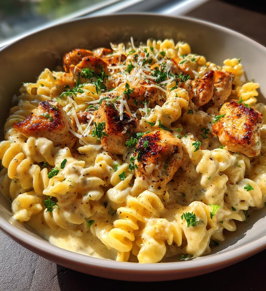 twisted pasta with honey garlic chicken and parmesan cream - detail 1