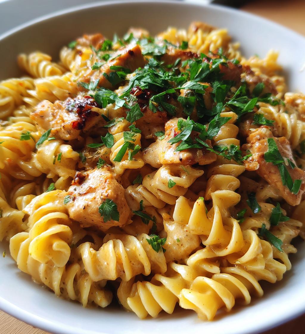 twisted pasta with honey garlic chicken and parmesan cream - detail 1