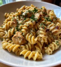twisted pasta with honey garlic chicken and parmesan cream