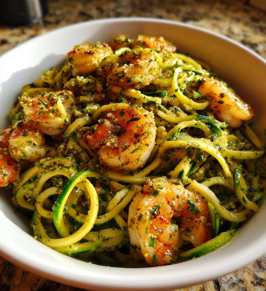 zucchini noodles with pesto and shrimp - detail 1