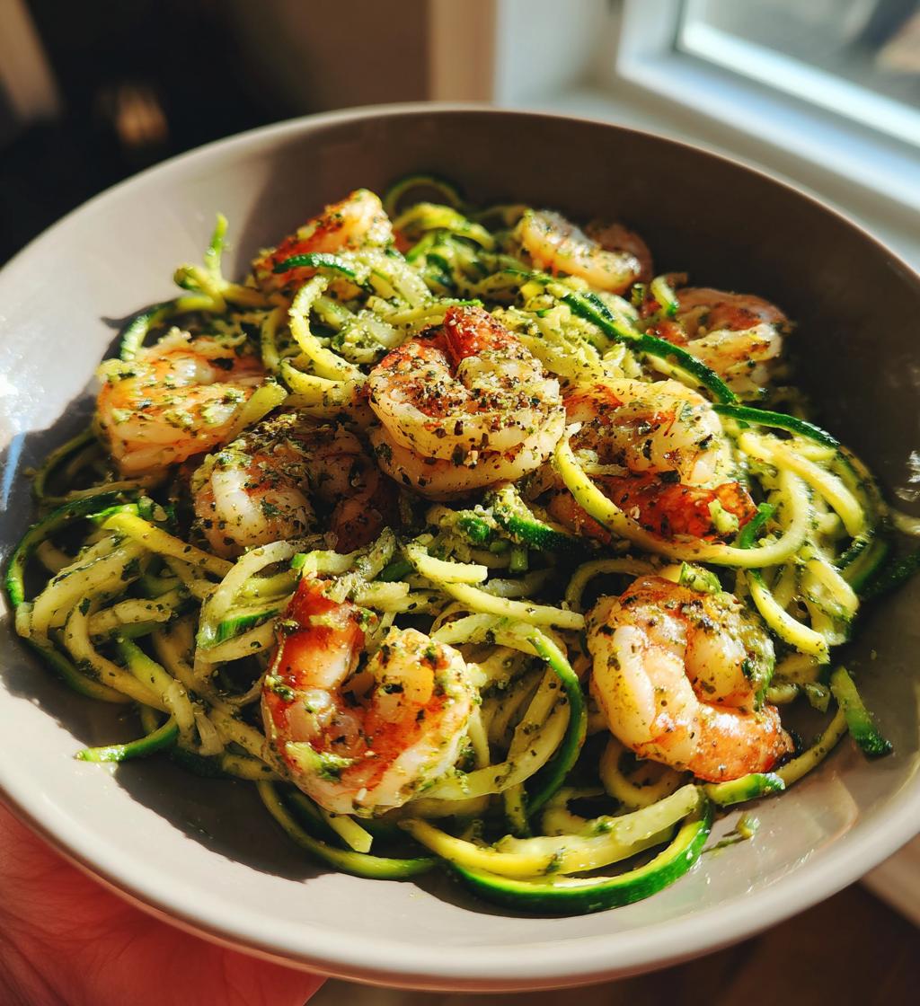 zucchini noodles with pesto and shrimp