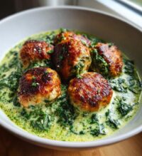 baked chicken ricotta meatballs with spinach alfredo sauce