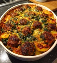 cheesy spinach meatball potato bake