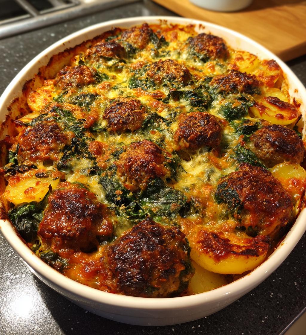 cheesy spinach meatball potato bake