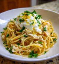 chicken spaghetti with burrata and lemon butter garlic sauce