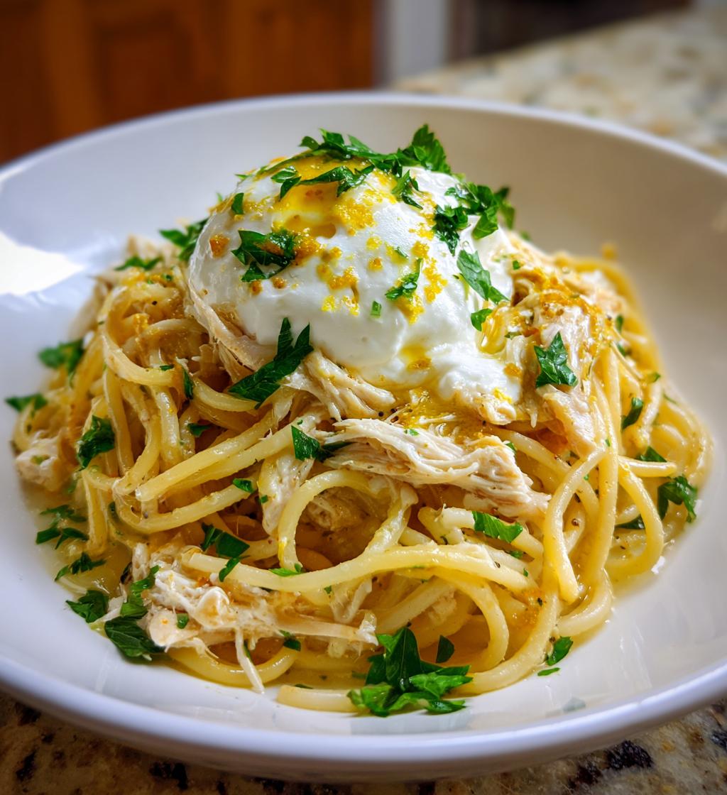 chicken spaghetti with burrata and lemon butter garlic sauce