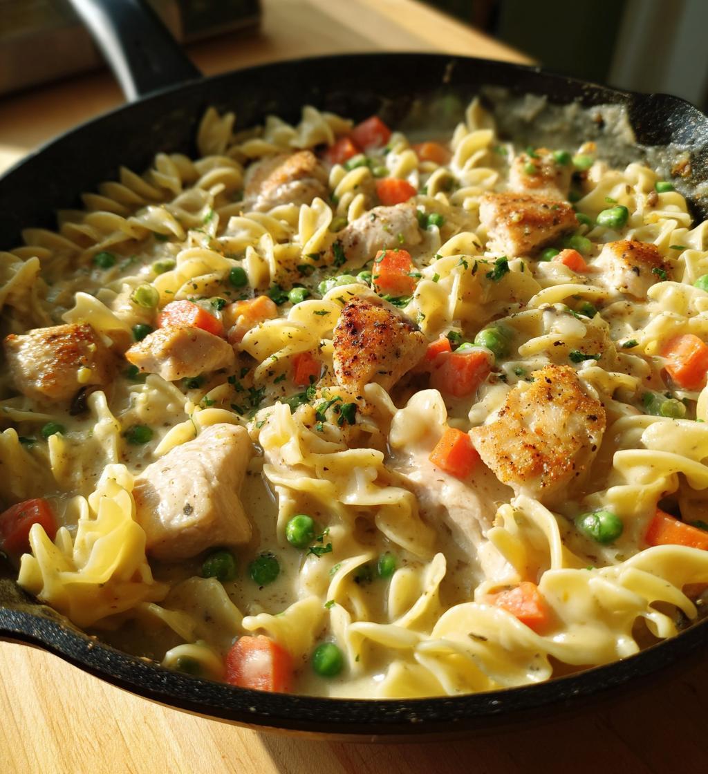 creamy chicken pot pie noodle skillet