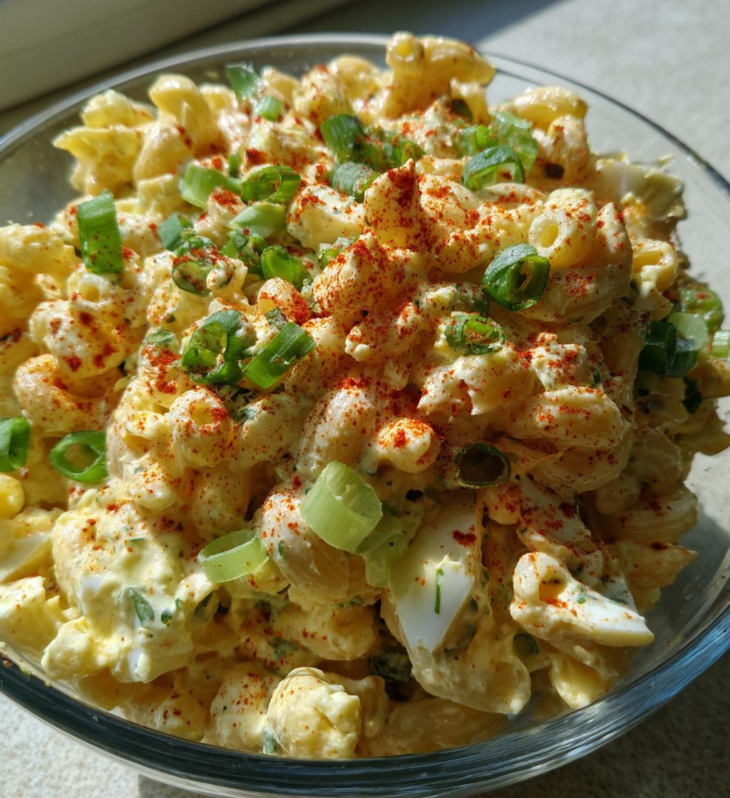 creamy deviled egg pasta salad
