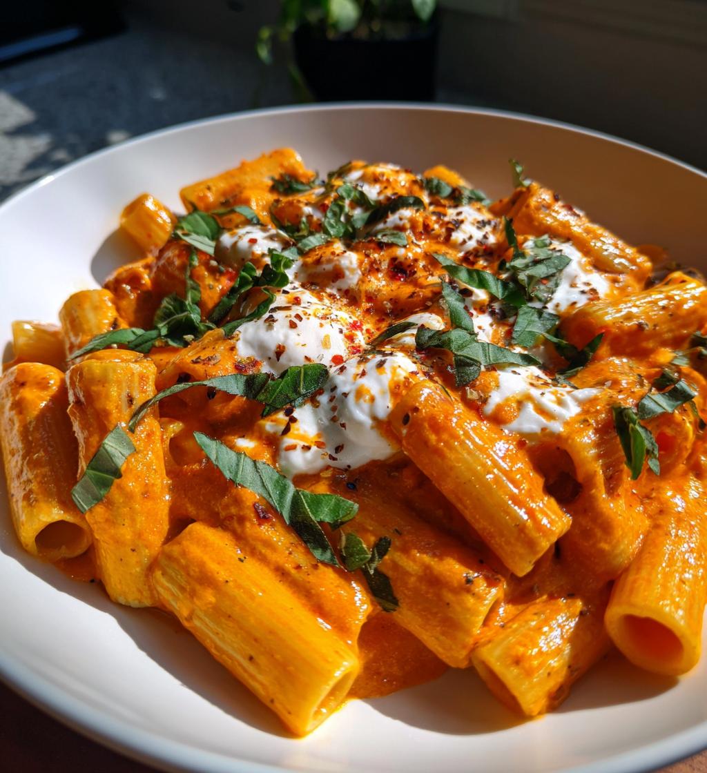 creamy red pepper pasta with burrata and herbs - detail 1