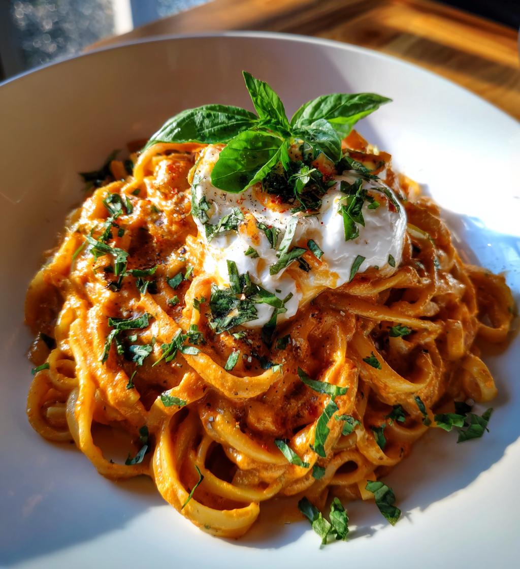 creamy red pepper pasta with burrata and herbs