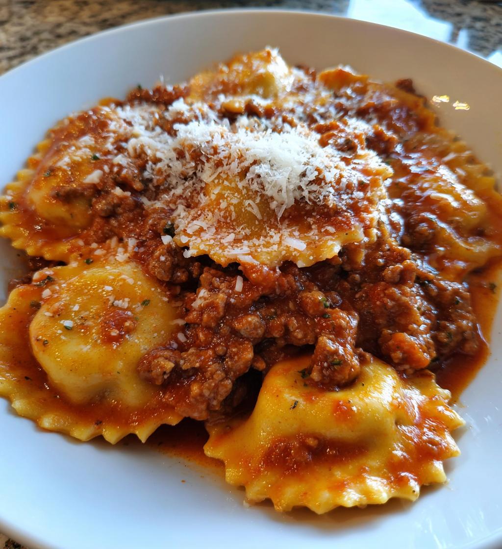 one pot ravioli in a creamy tomato beef sauce