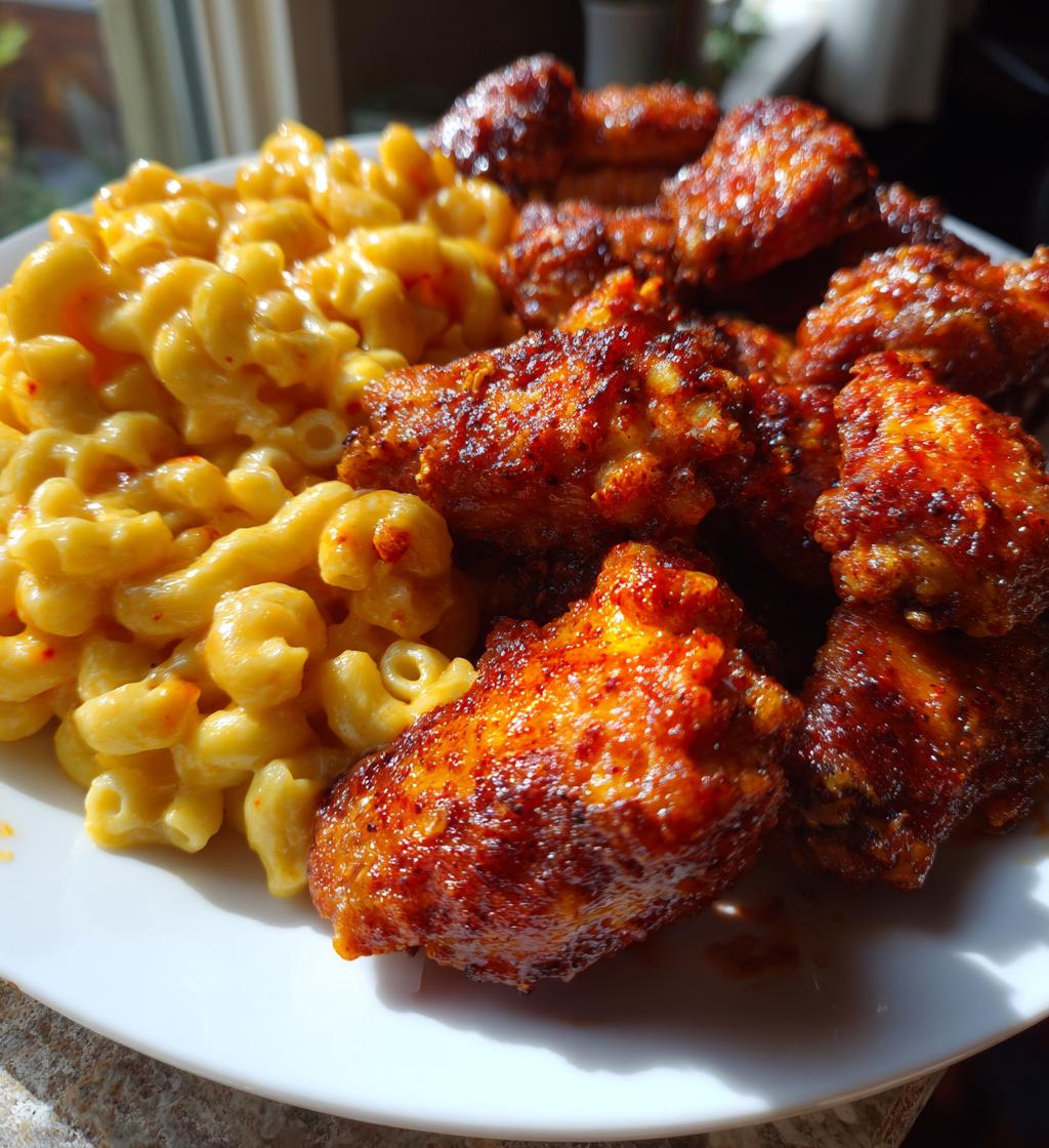 spicy hot wings and creamy mac n cheese