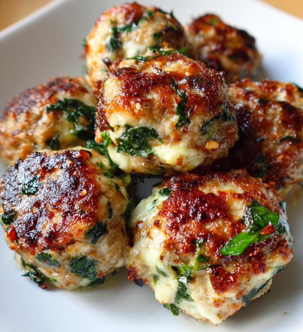 spinach garlic meatballs stuffed with mozzarella